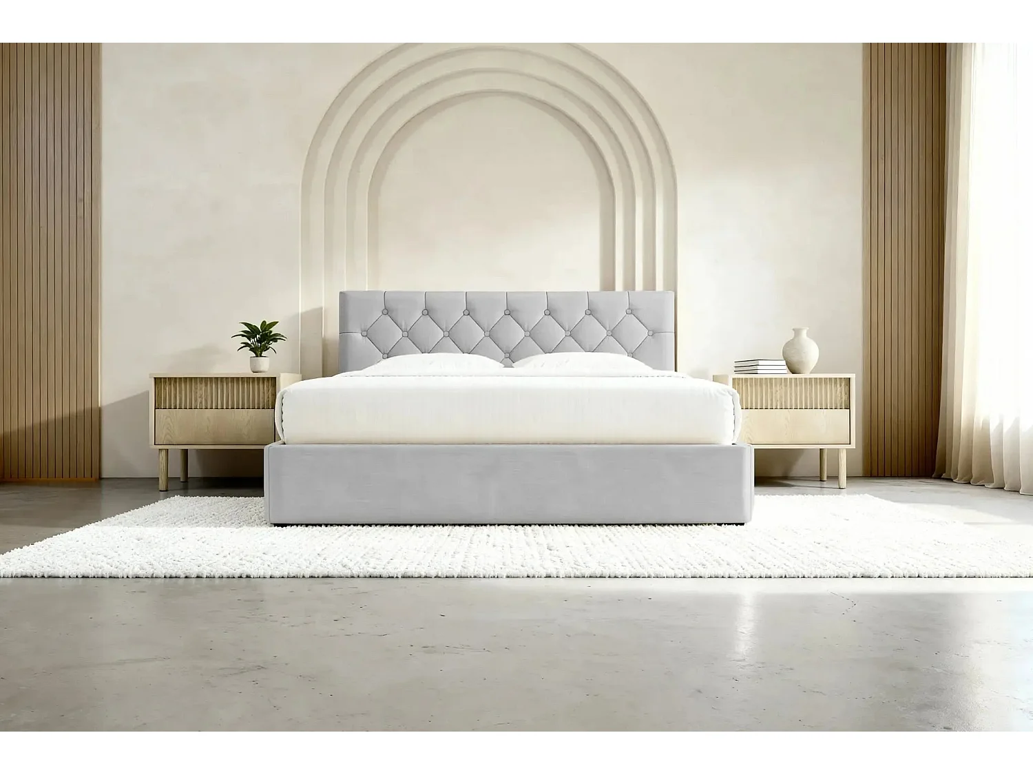 EMILE - Lit coffre tissu velours 160x200cm Gris clair
