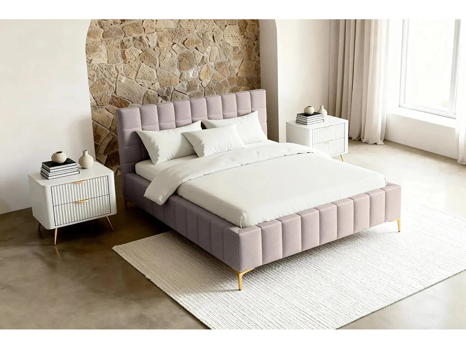 GREGOIRE - Lit coffre tissu chiné 140x200cm - Rose