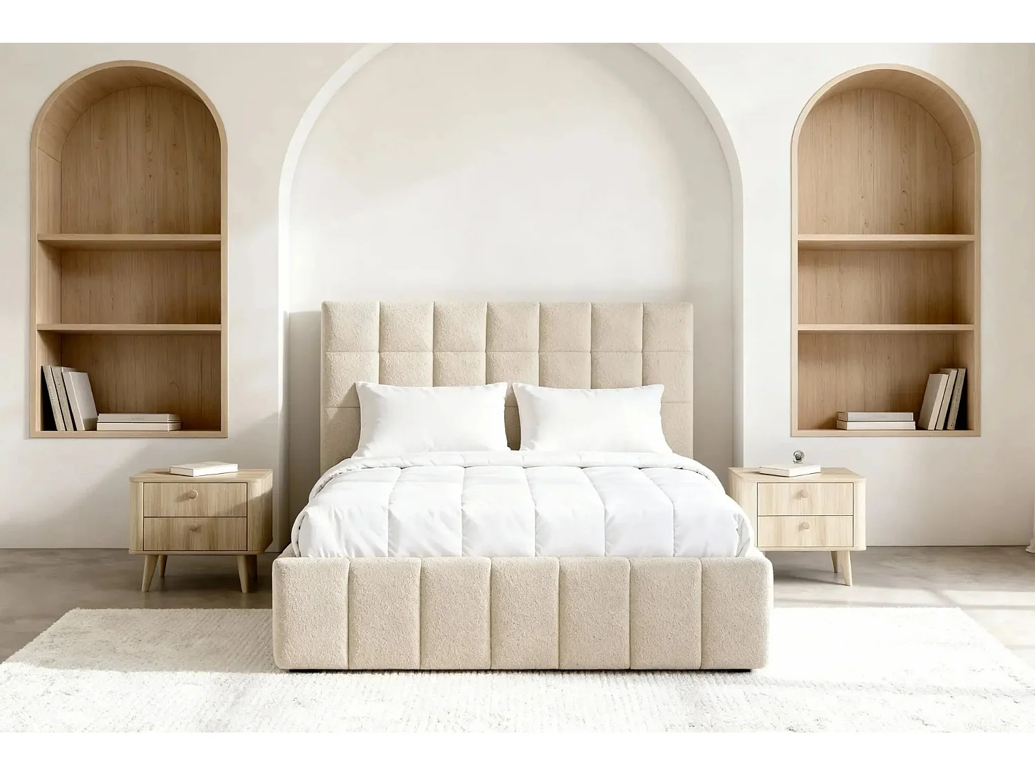 FLORENCE - Lit coffre tissu chenille 140x200cm - Beige