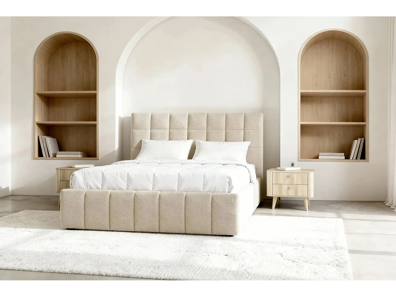 FLORENCE - Lit coffre tissu chenille 140x200cm - Beige