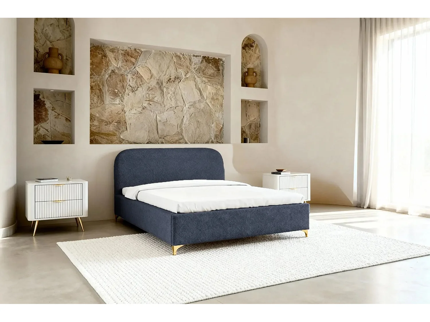 CHARLOTTE - Lit coffre tissu chenille 180x200cm Bleu