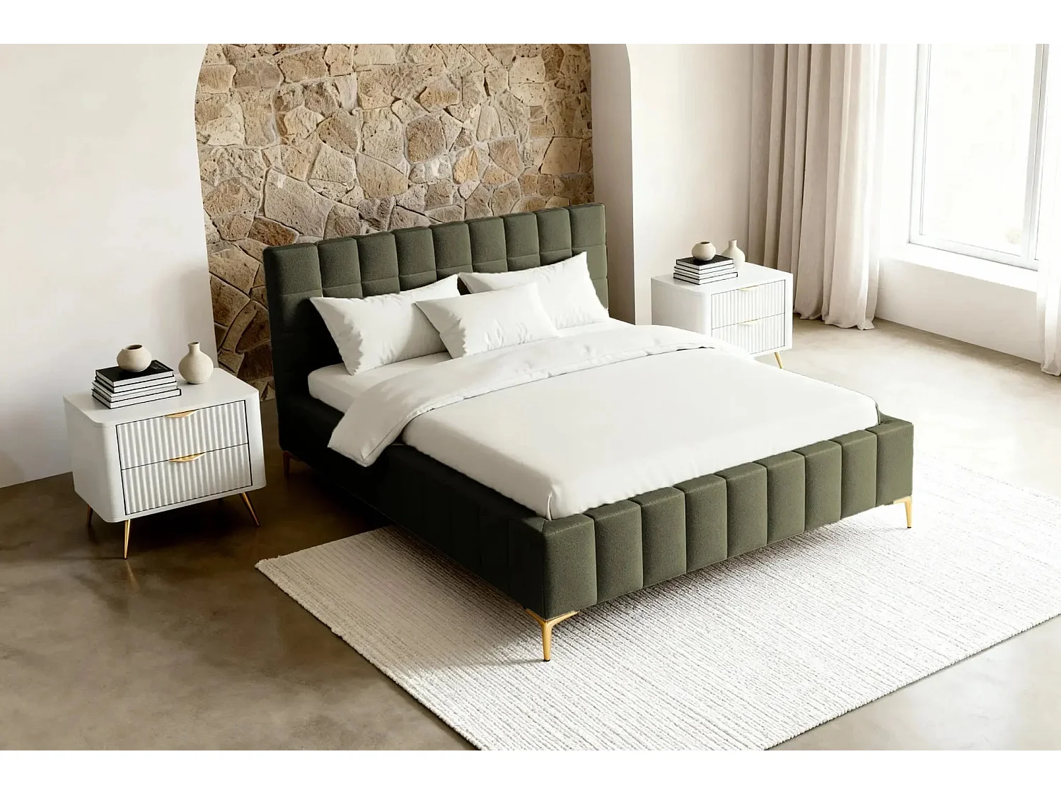 GREGOIRE - Lit coffre tissu chiné 160x200cm - Vert