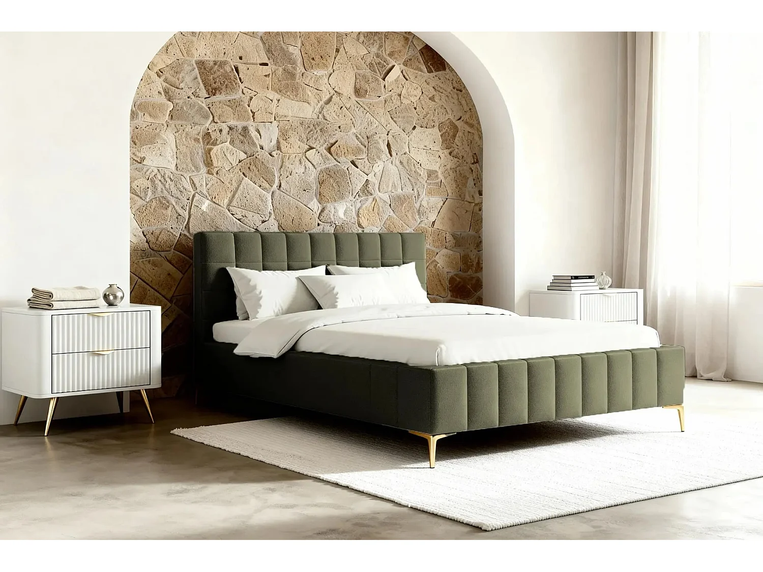 GREGOIRE - Lit coffre tissu chiné 160x200cm - Vert