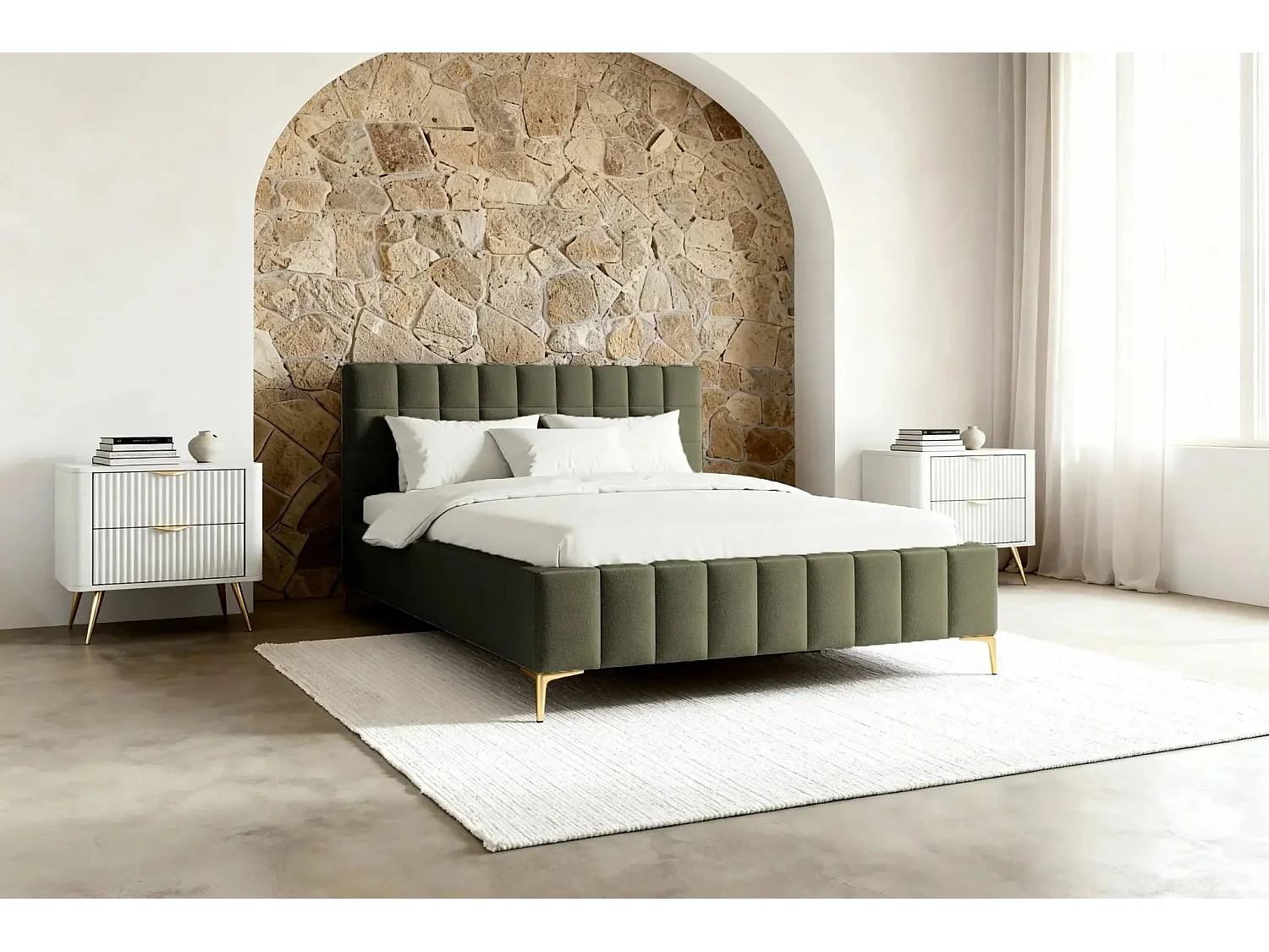 GREGOIRE - Lit coffre tissu chiné 160x200cm - Vert