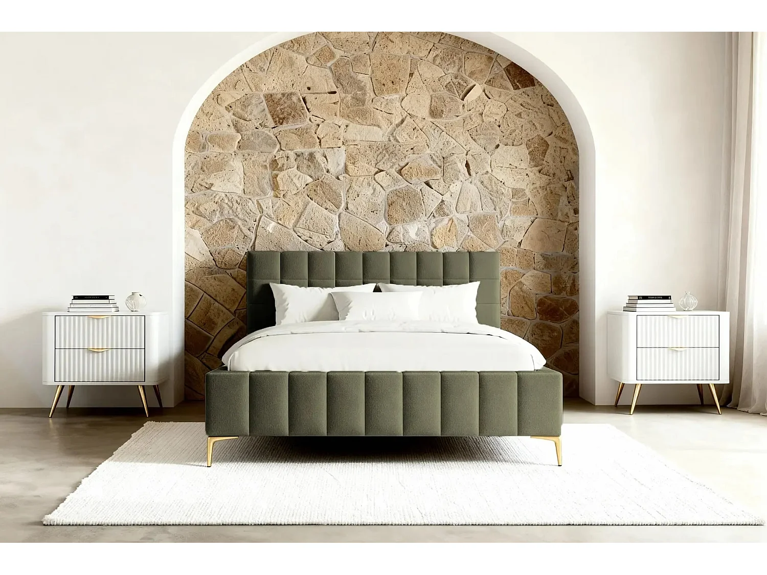 GREGOIRE - Lit coffre tissu chiné 160x200cm - Vert