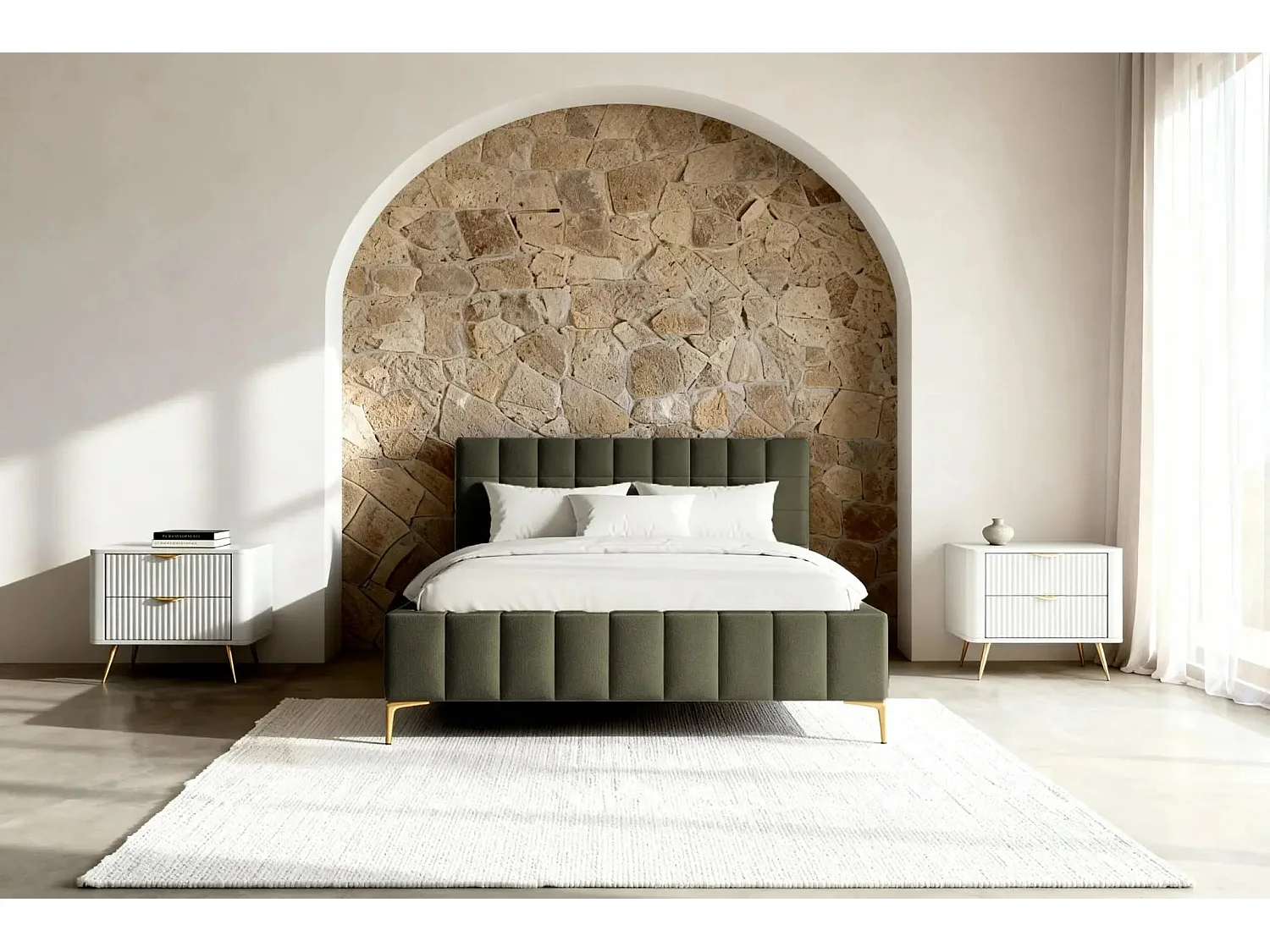 GREGOIRE - Lit coffre tissu chiné 160x200cm - Vert