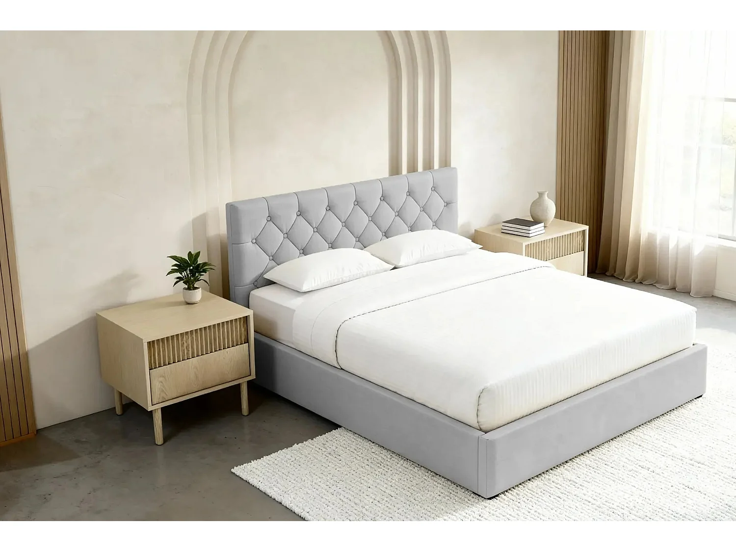 EMILE - Lit coffre tissu velours 140x200cm Gris clair