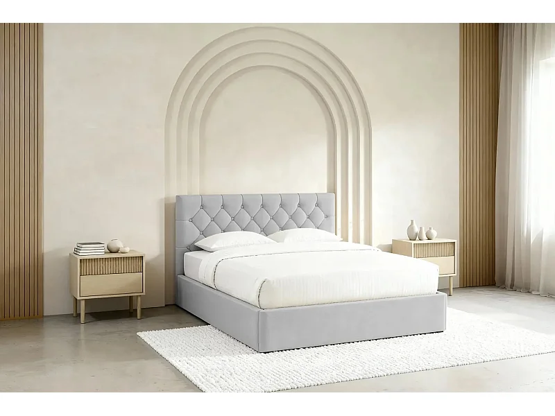 EMILE - Lit coffre tissu velours 140x200cm - Gris clair