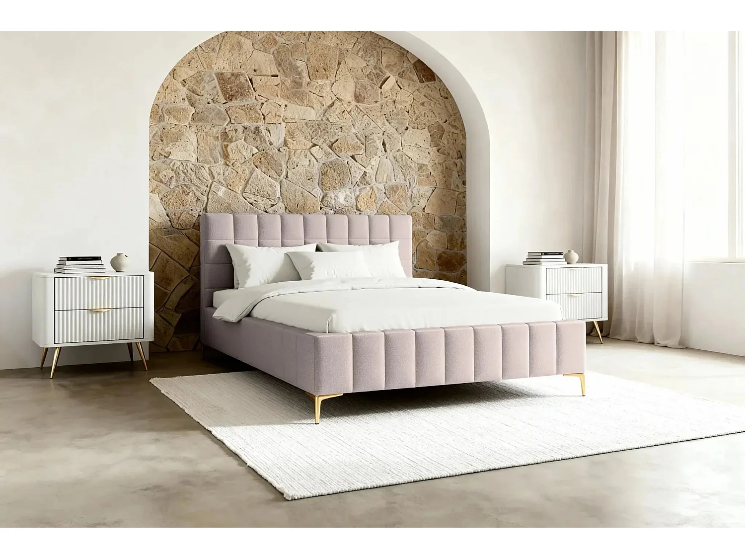 GREGOIRE - Lit coffre tissu chiné 160x200cm - Rose