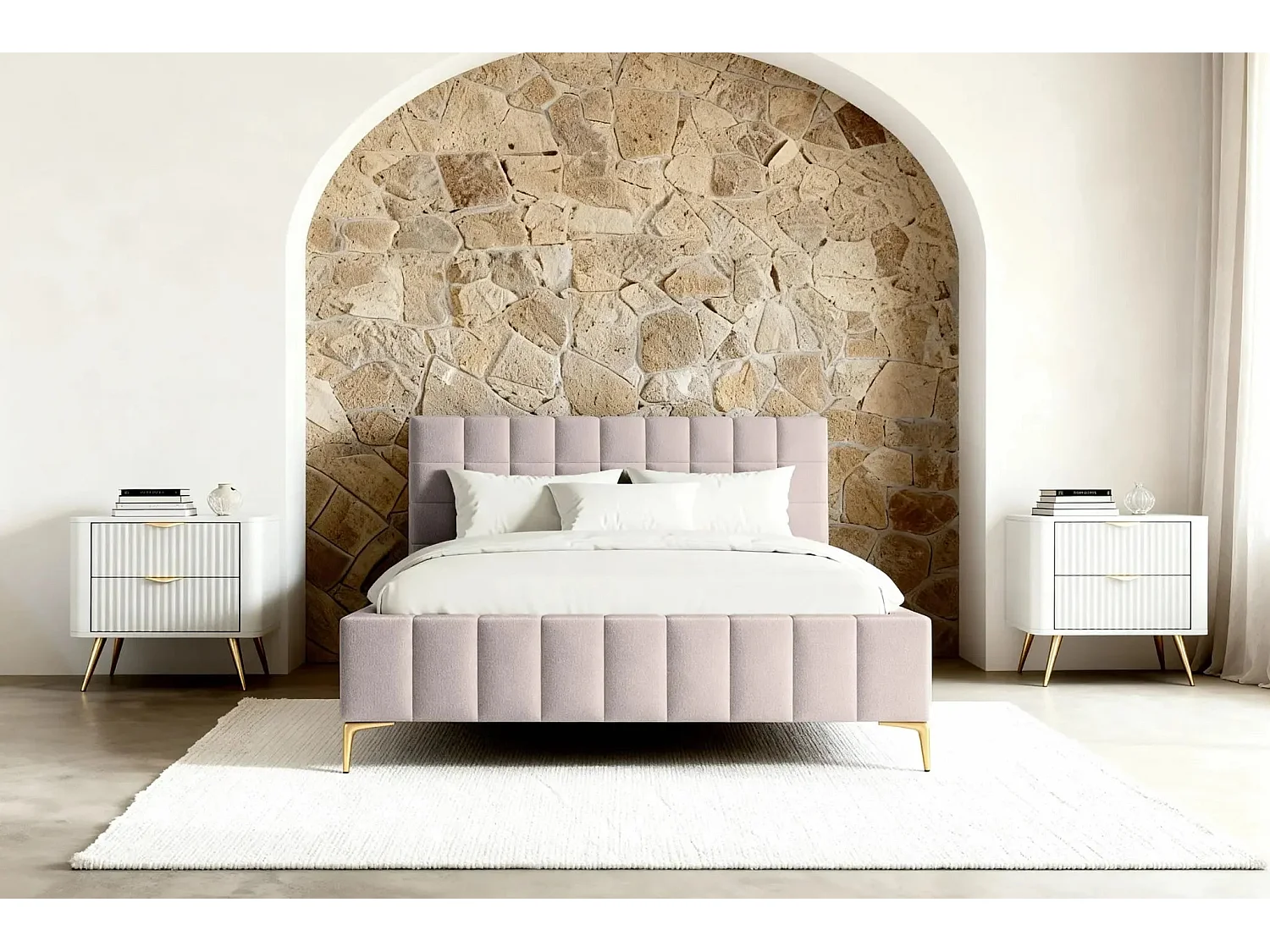 GREGOIRE - Lit coffre tissu chiné 160x200cm - Rose