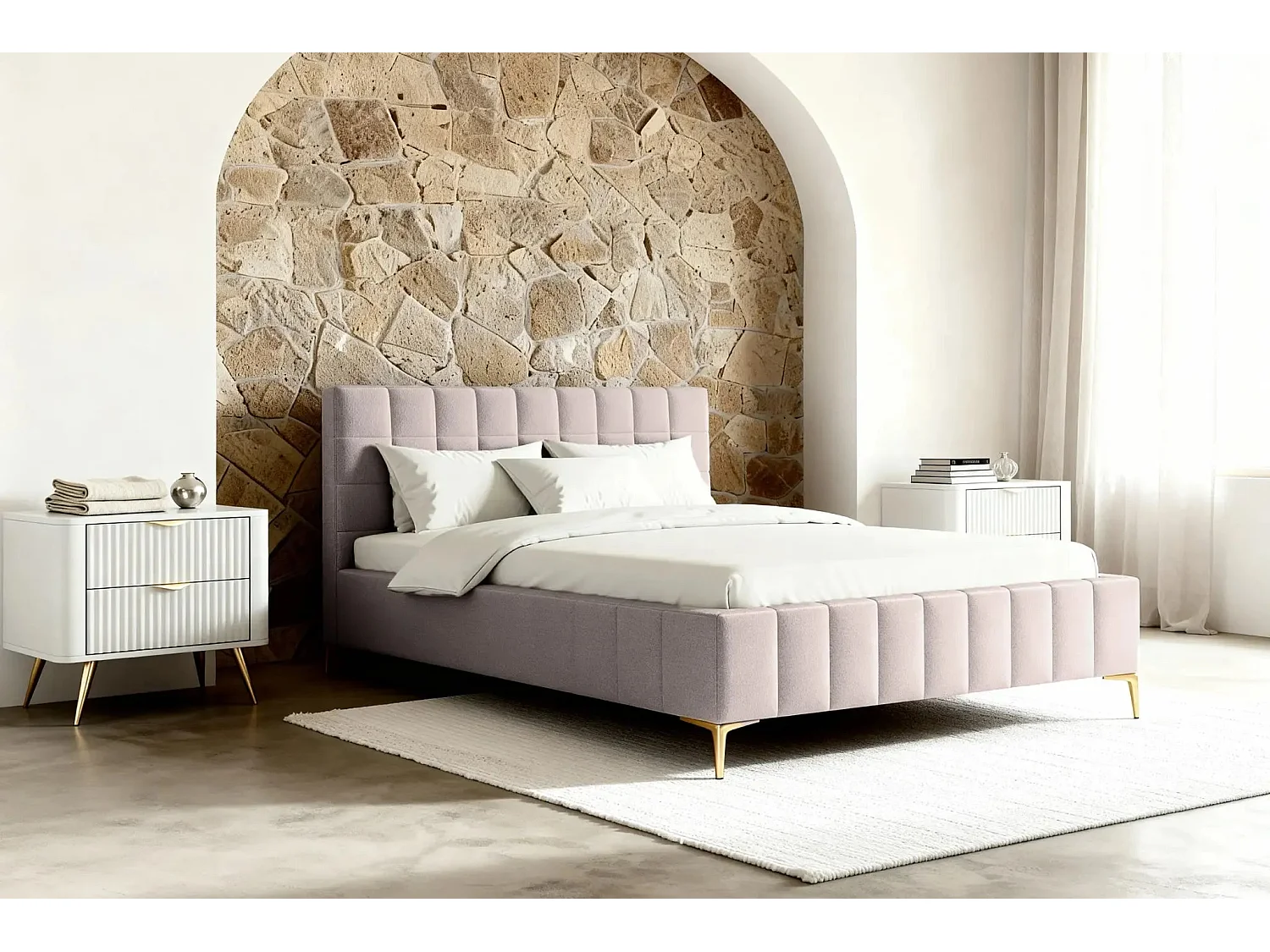 GREGOIRE - Lit coffre tissu chiné 160x200cm - Rose