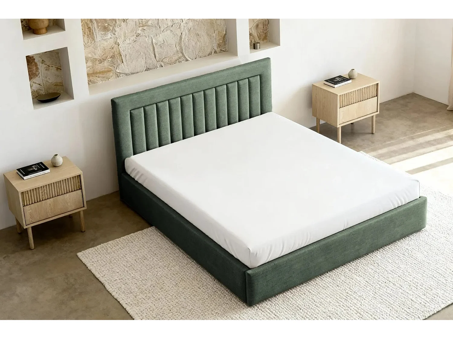 CAMILLE - Lit coffre tissu velours 180x200cm - Vert