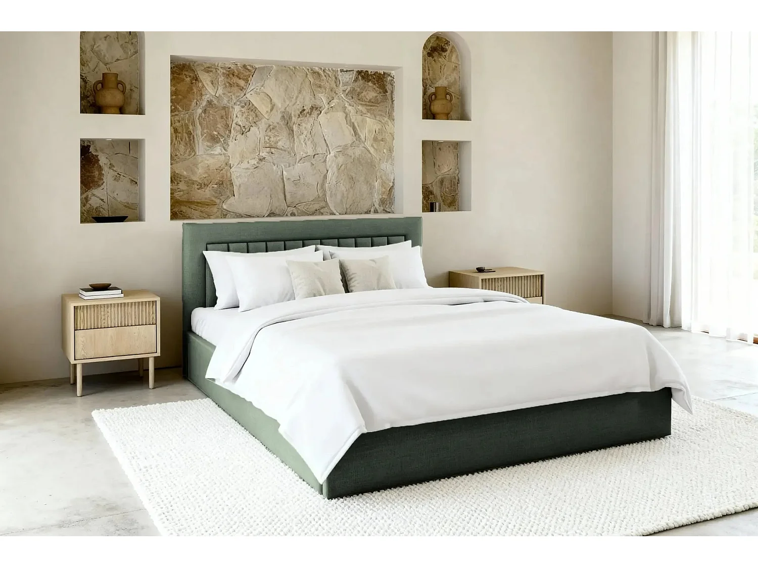 CAMILLE - Lit coffre tissu velours 180x200cm - Vert
