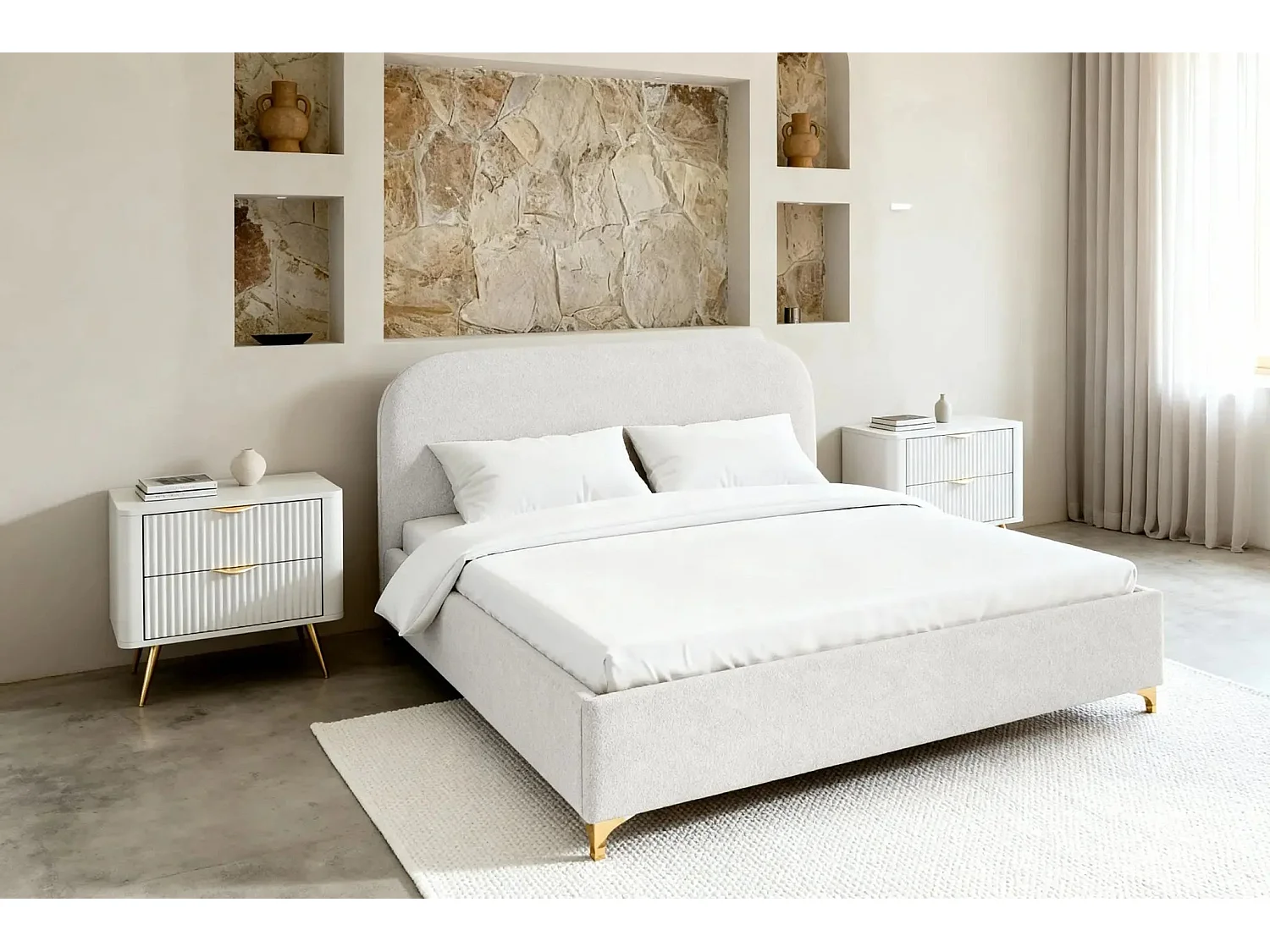 CHARLOTTE - Lit coffre tissu chenille 140x200cm - Blanc