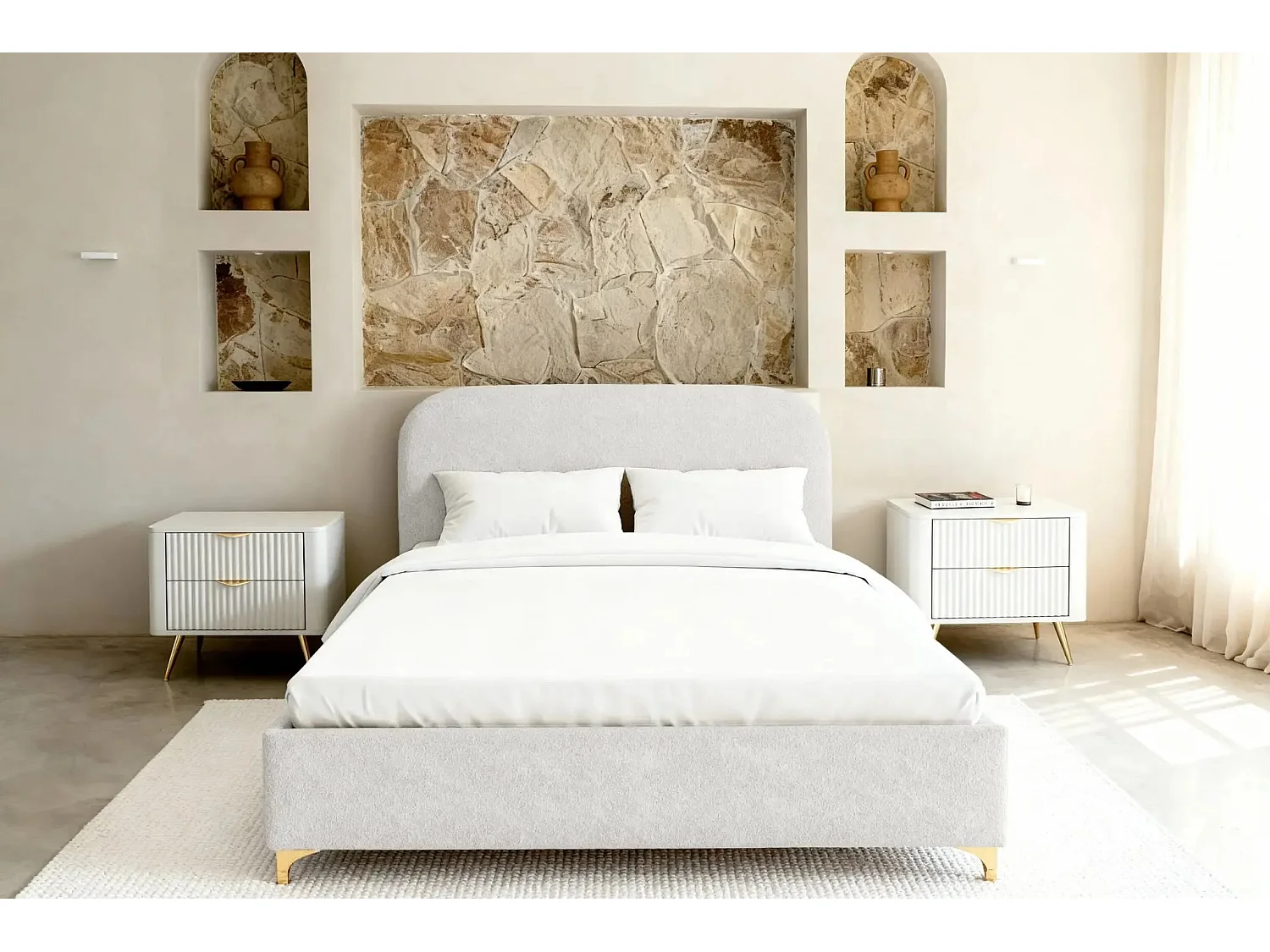 CHARLOTTE - Lit coffre tissu chenille 140x200cm - Blanc