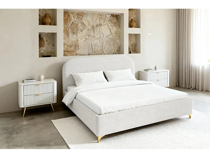 CHARLOTTE - Lit coffre tissu chenille 140x200cm - Blanc