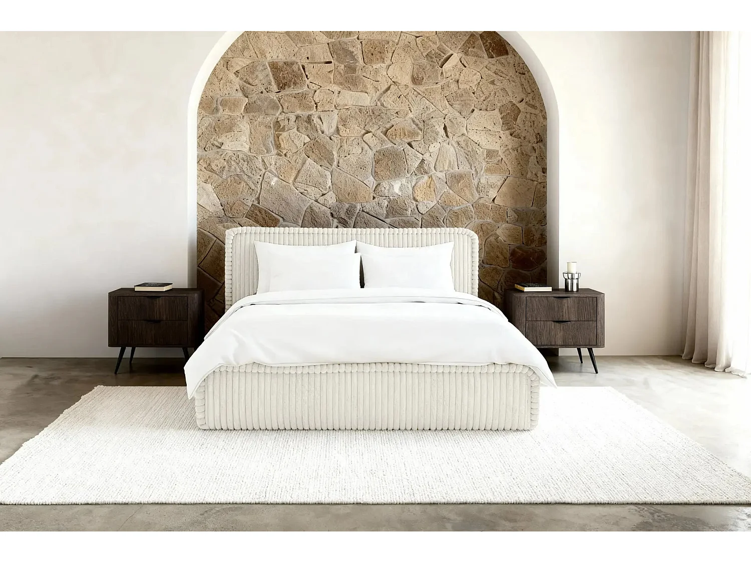 CAPUCINE - Lit coffre velours côtelé 140x200cm - Blanc