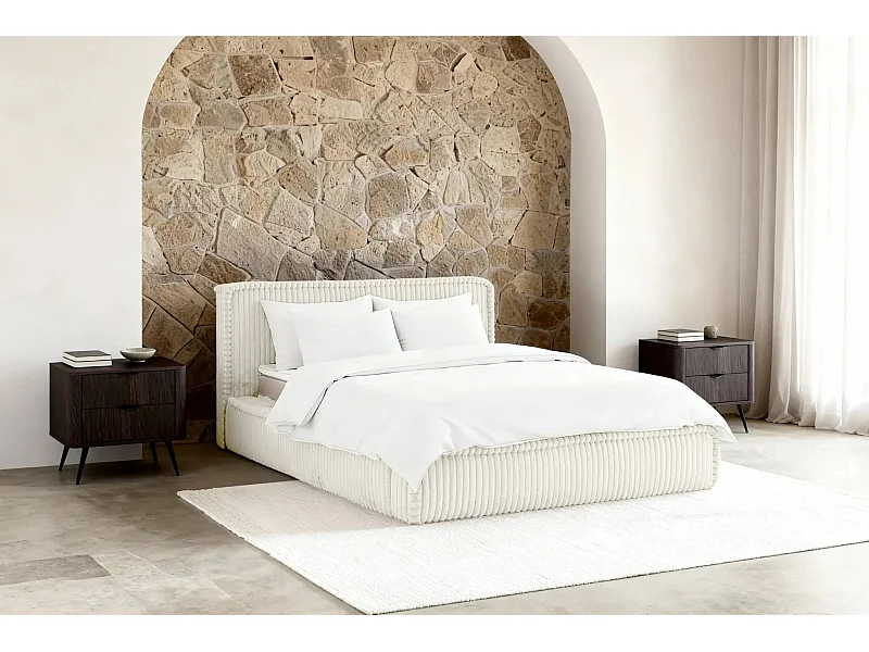 CAPUCINE - Lit coffre velours côtelé 140x200cm - Blanc