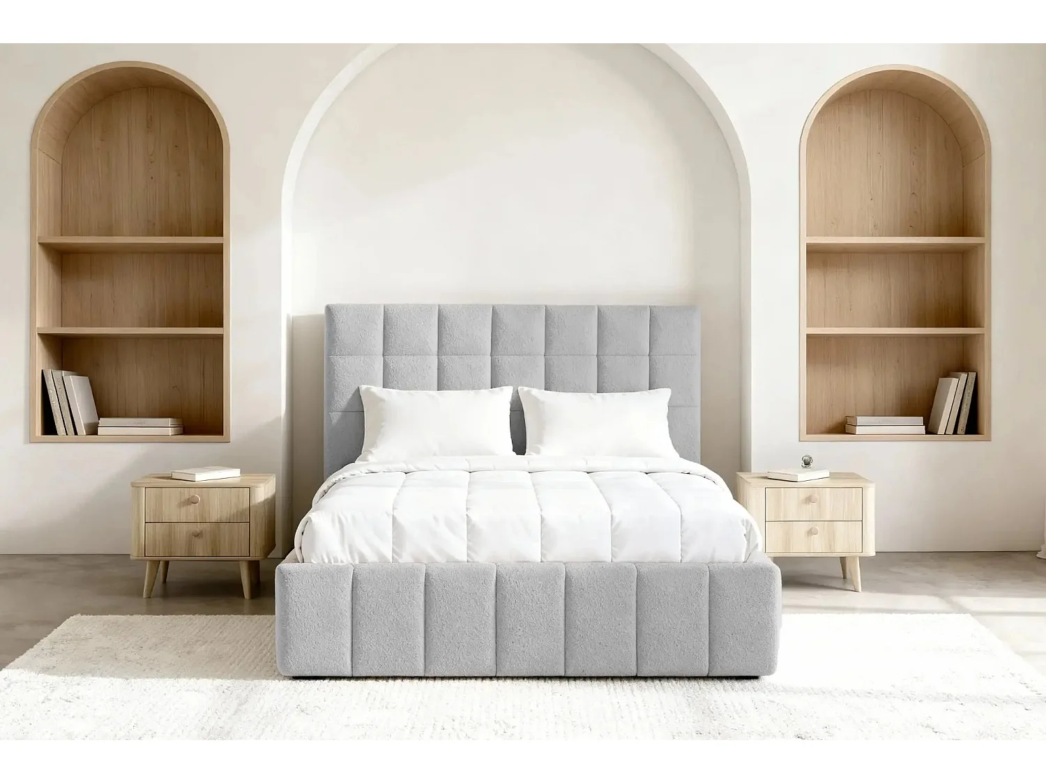 FLORENCE - Lit coffre tissu chenille 140x200cm - Gris clair