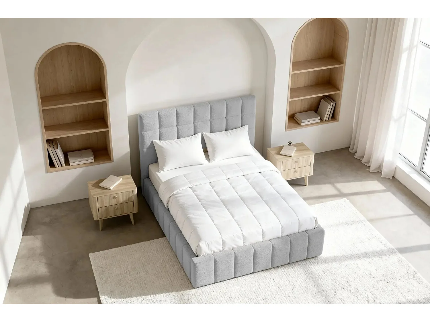 FLORENCE - Lit coffre tissu chenille 140x200cm - Gris clair