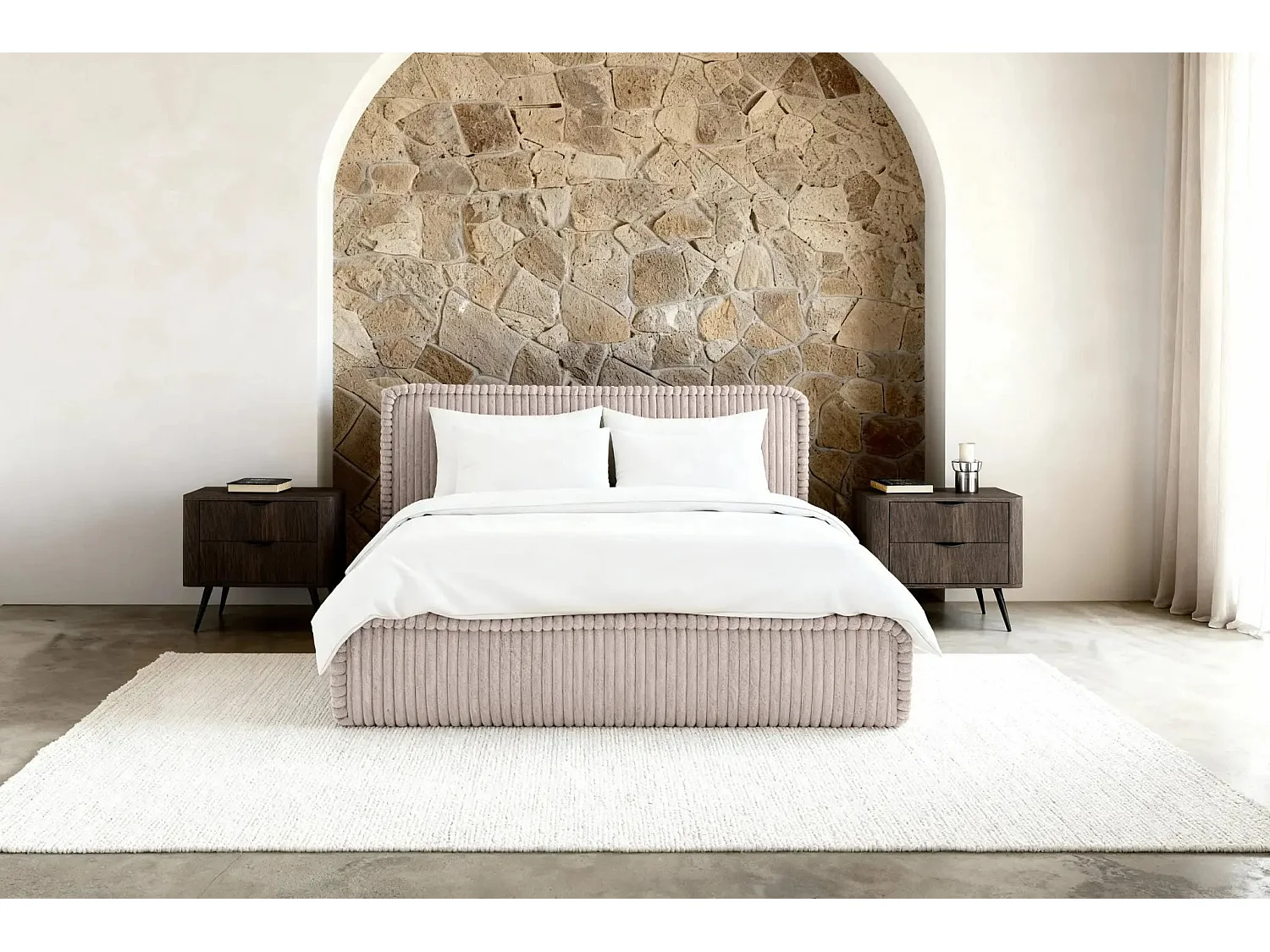 CAPUCINE - Lit coffre velours côtelé 140x200cm - Rose