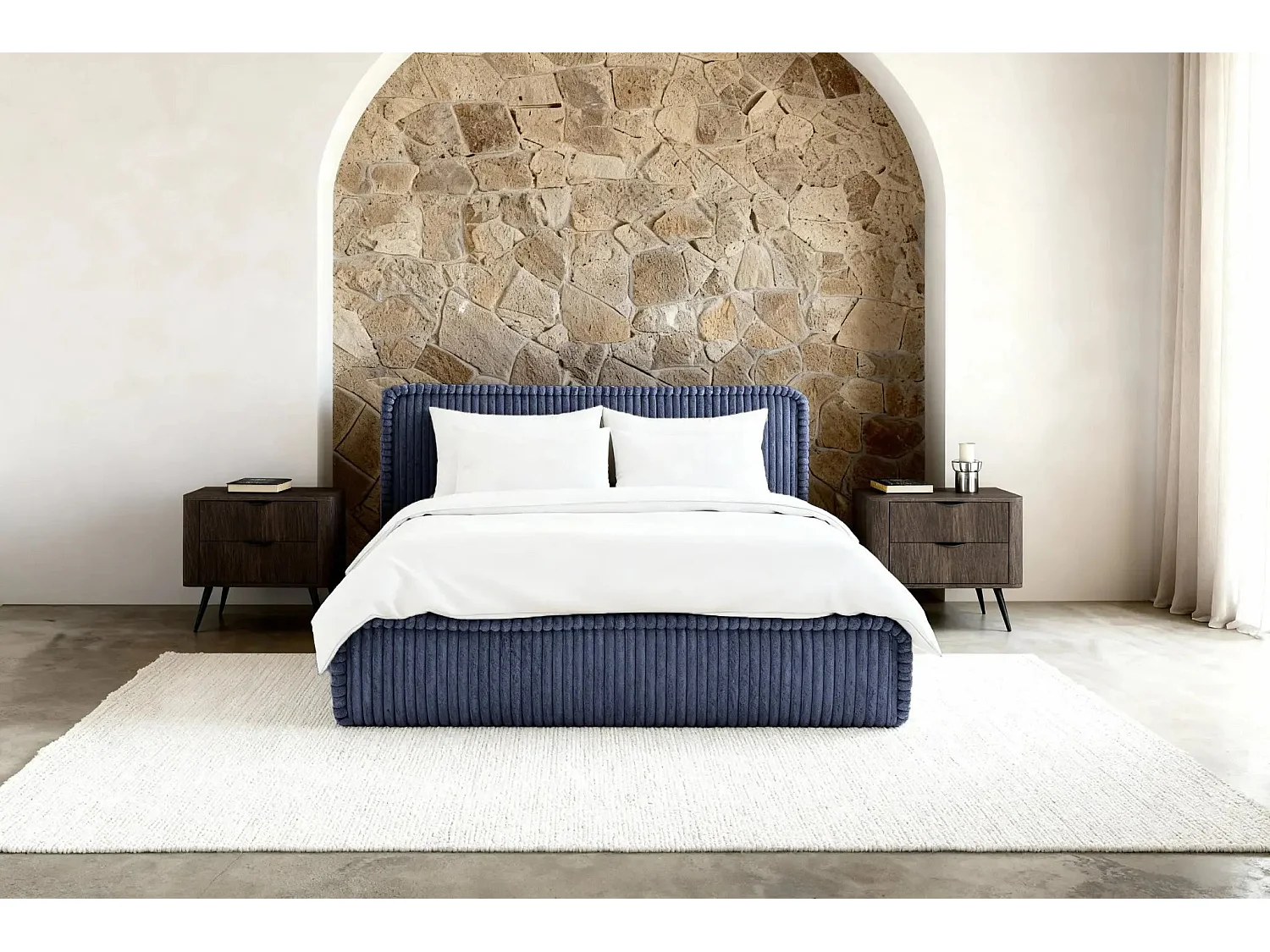 CAPUCINE - Lit coffre velours côtelé 140x200cm - Bleu