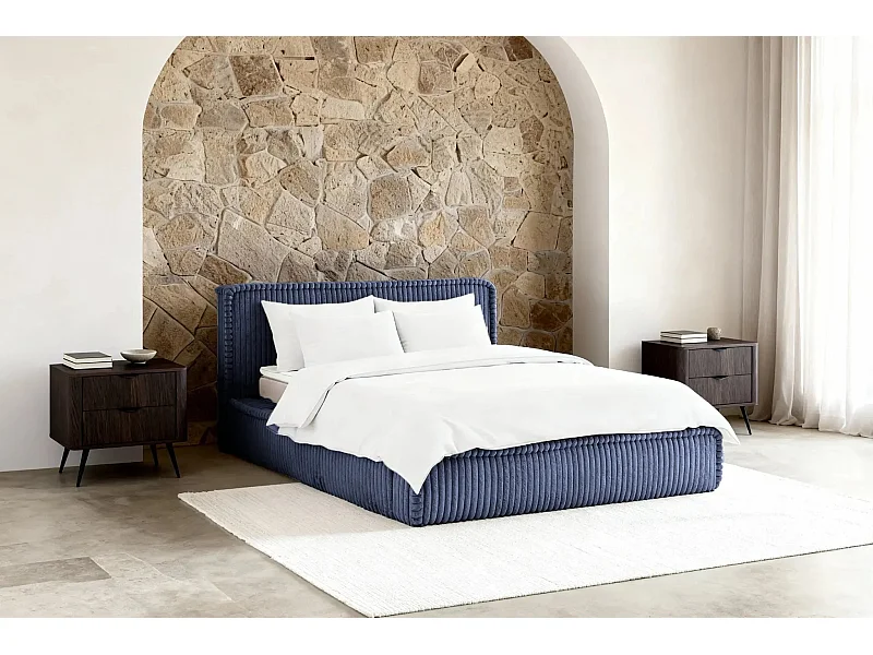 CAPUCINE - Lit coffre velours côtelé 140x200cm - Bleu