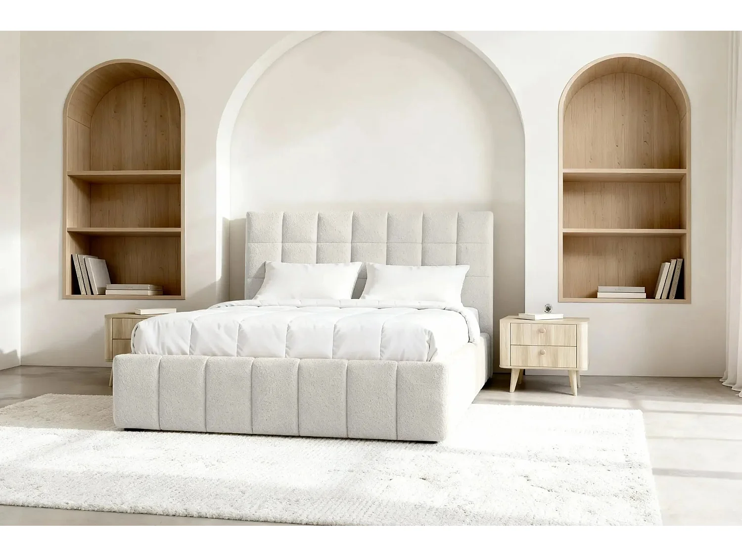 FLORENCE - Lit coffre tissu chenille 140x200cm - Blanc