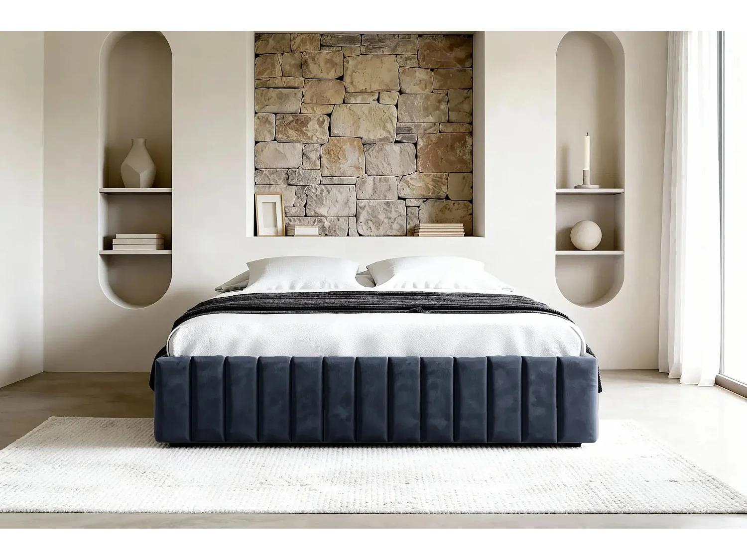 ELENA - Lit coffre tissu velours 140x200cm - Bleu