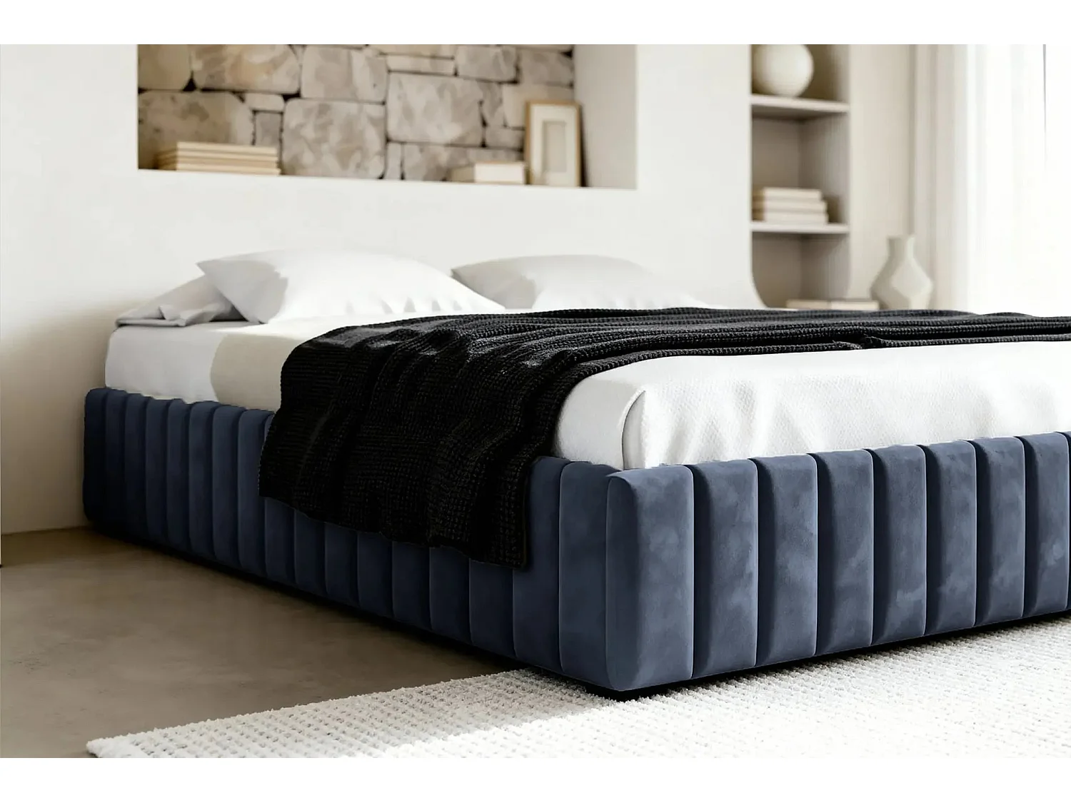 ELENA - Lit coffre tissu velours 140x200cm - Bleu