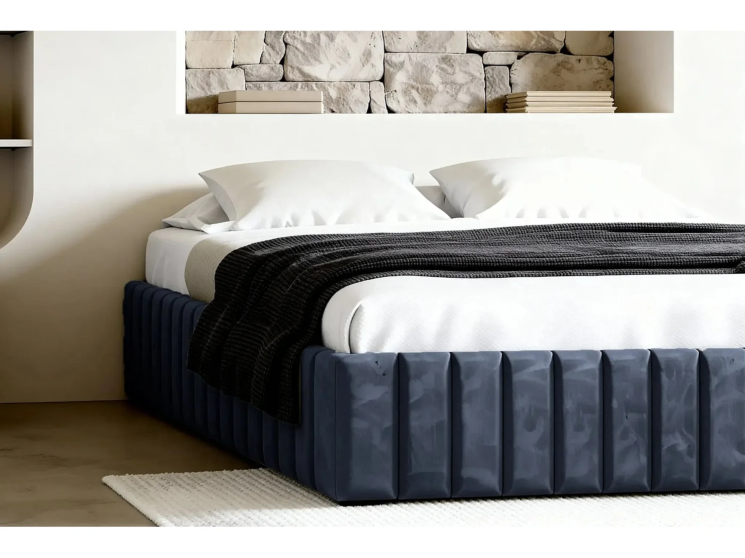 ELENA - Lit coffre tissu velours 140x200cm - Bleu