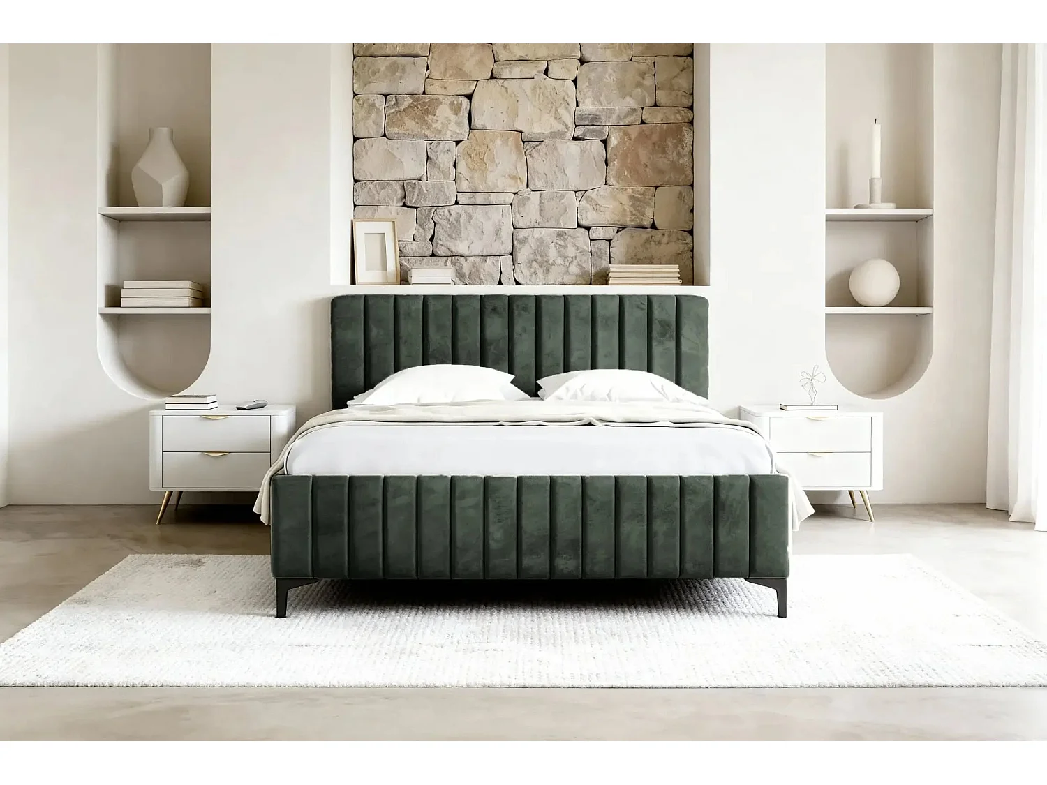 EDEN - Lit coffre tissu velours 140x200cm - Vert