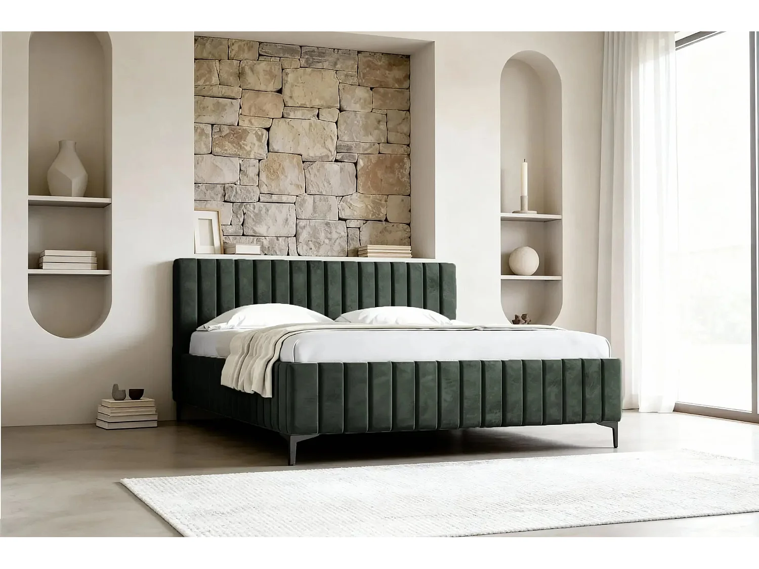 EDEN - Lit coffre tissu velours 140x200cm - Vert