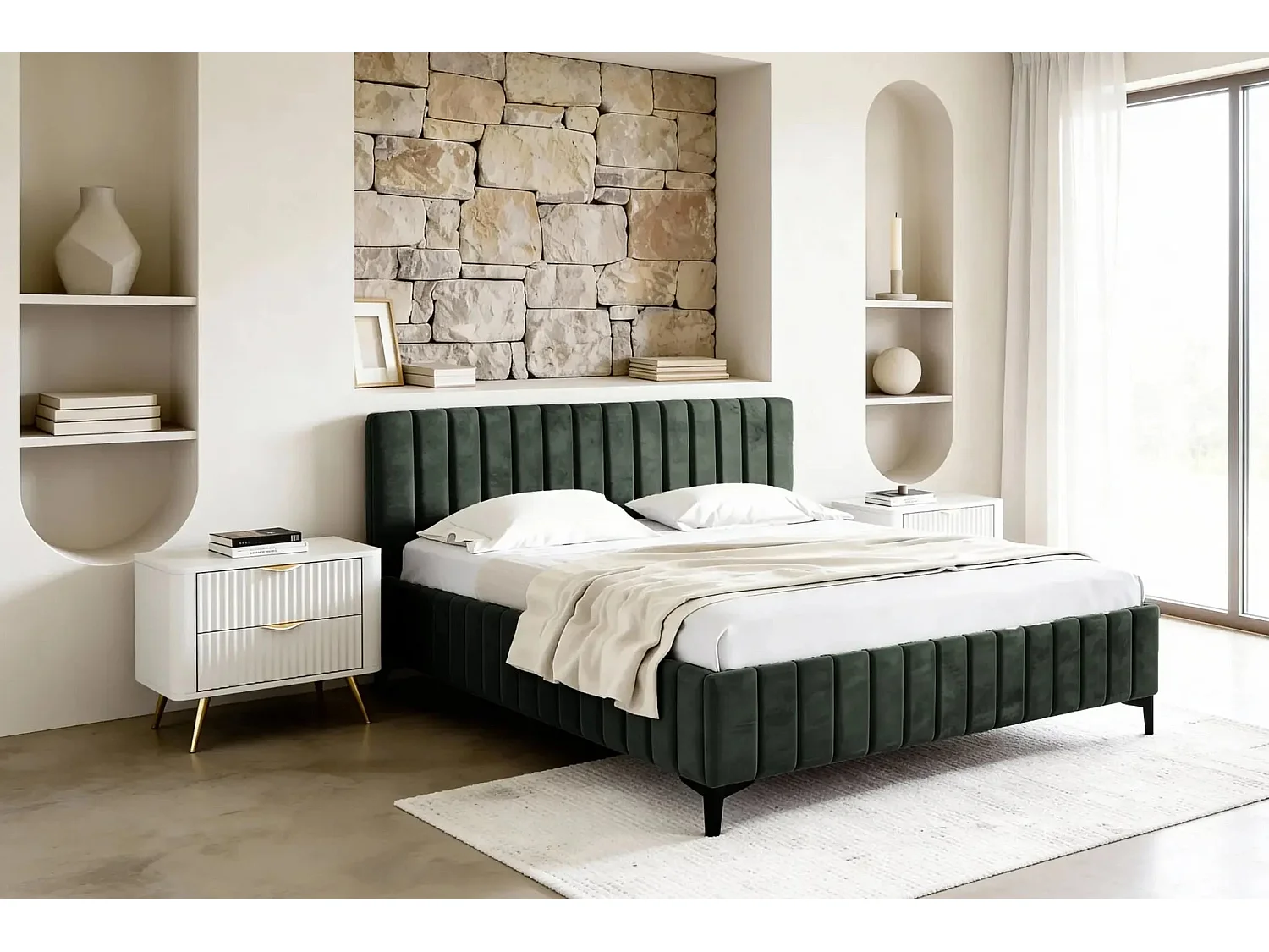 EDEN - Lit coffre tissu velours 140x200cm - Vert