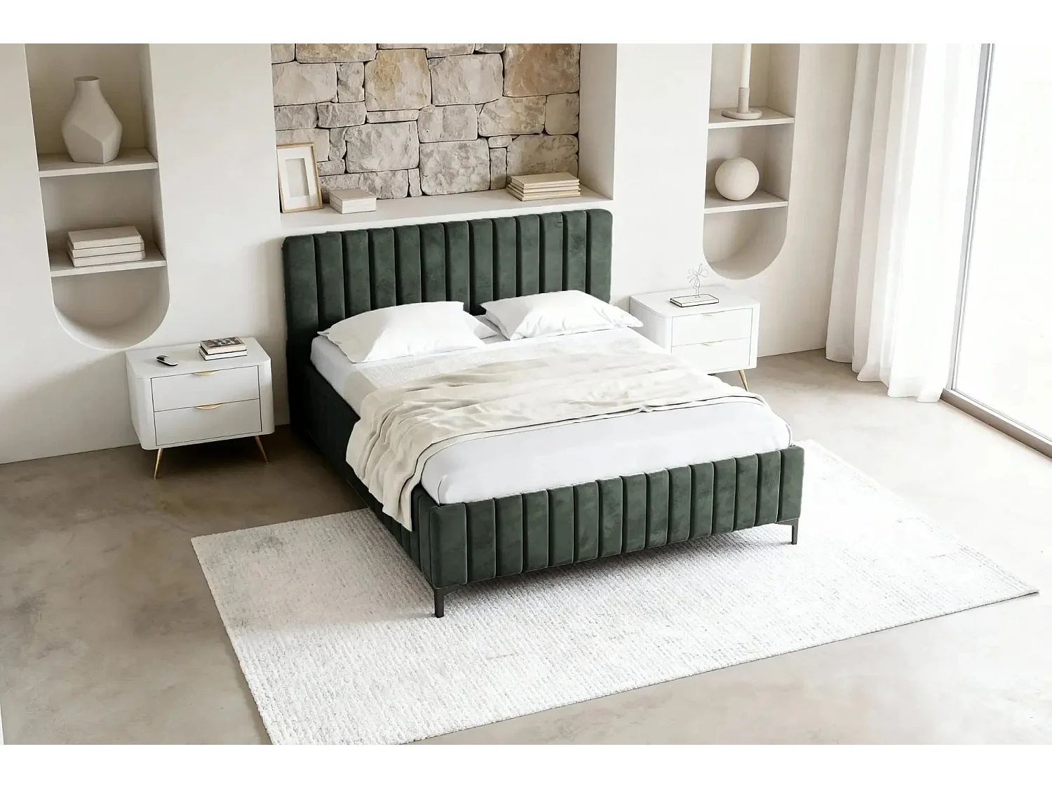 EDEN - Lit coffre tissu velours 140x200cm - Vert