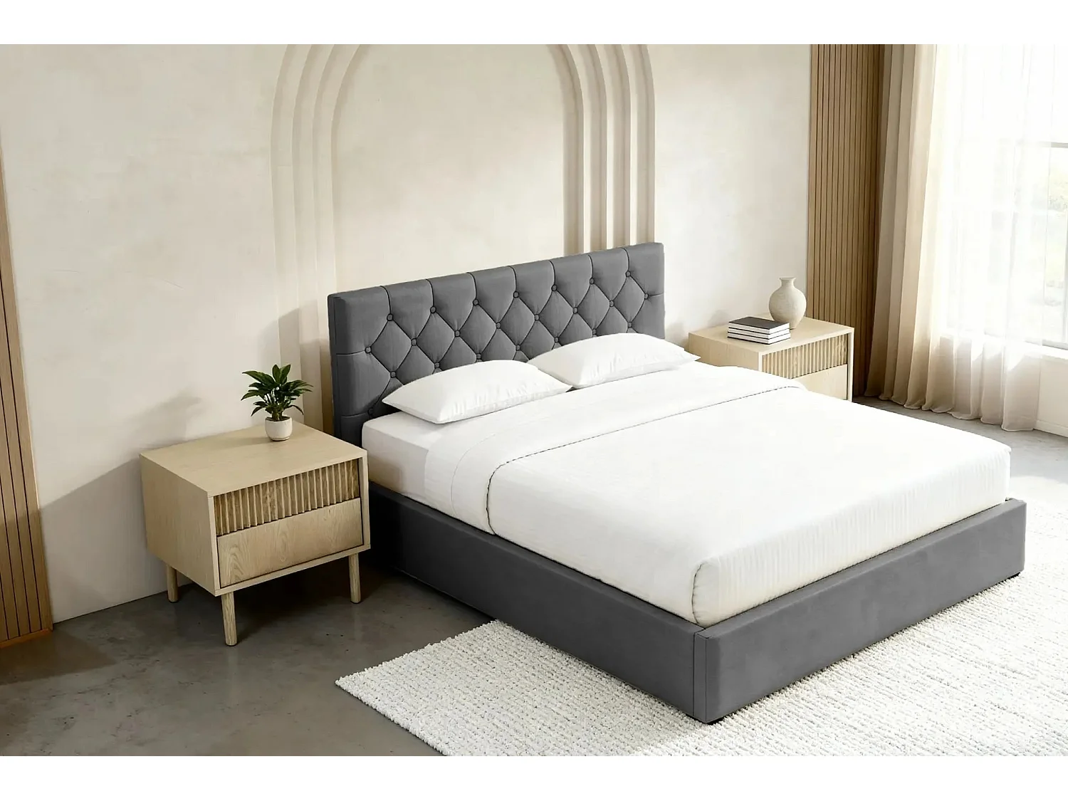 EMILE - Lit coffre tissu velours 180x200cm - Gris foncé