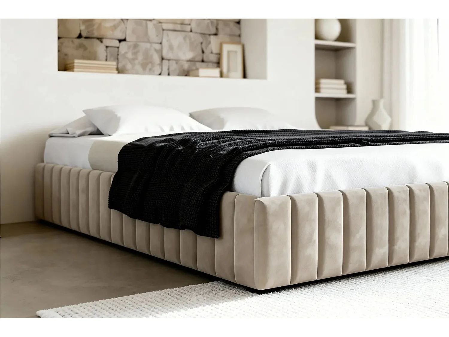 ELENA - Lit coffre tissu velours 140x200cm - Beige