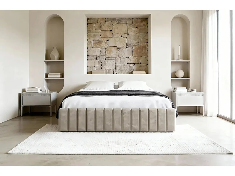 ELENA - Lit coffre tissu velours 140x200cm - Beige