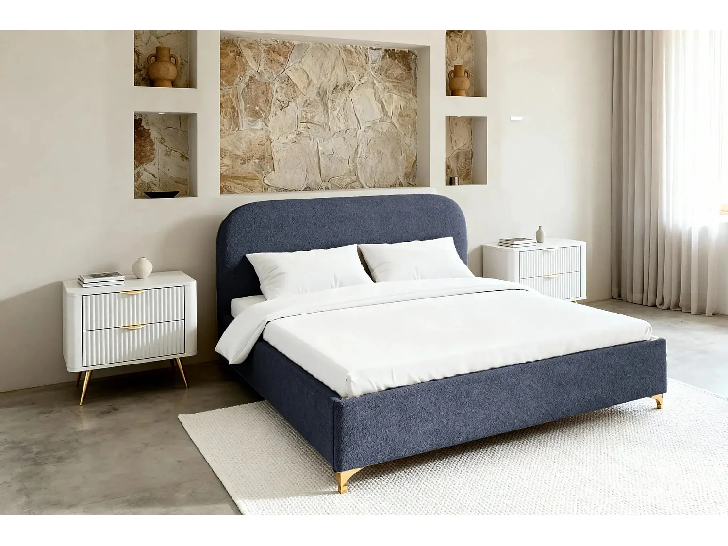 CHARLOTTE - Lit coffre tissu chenille 160x200cm - Bleu