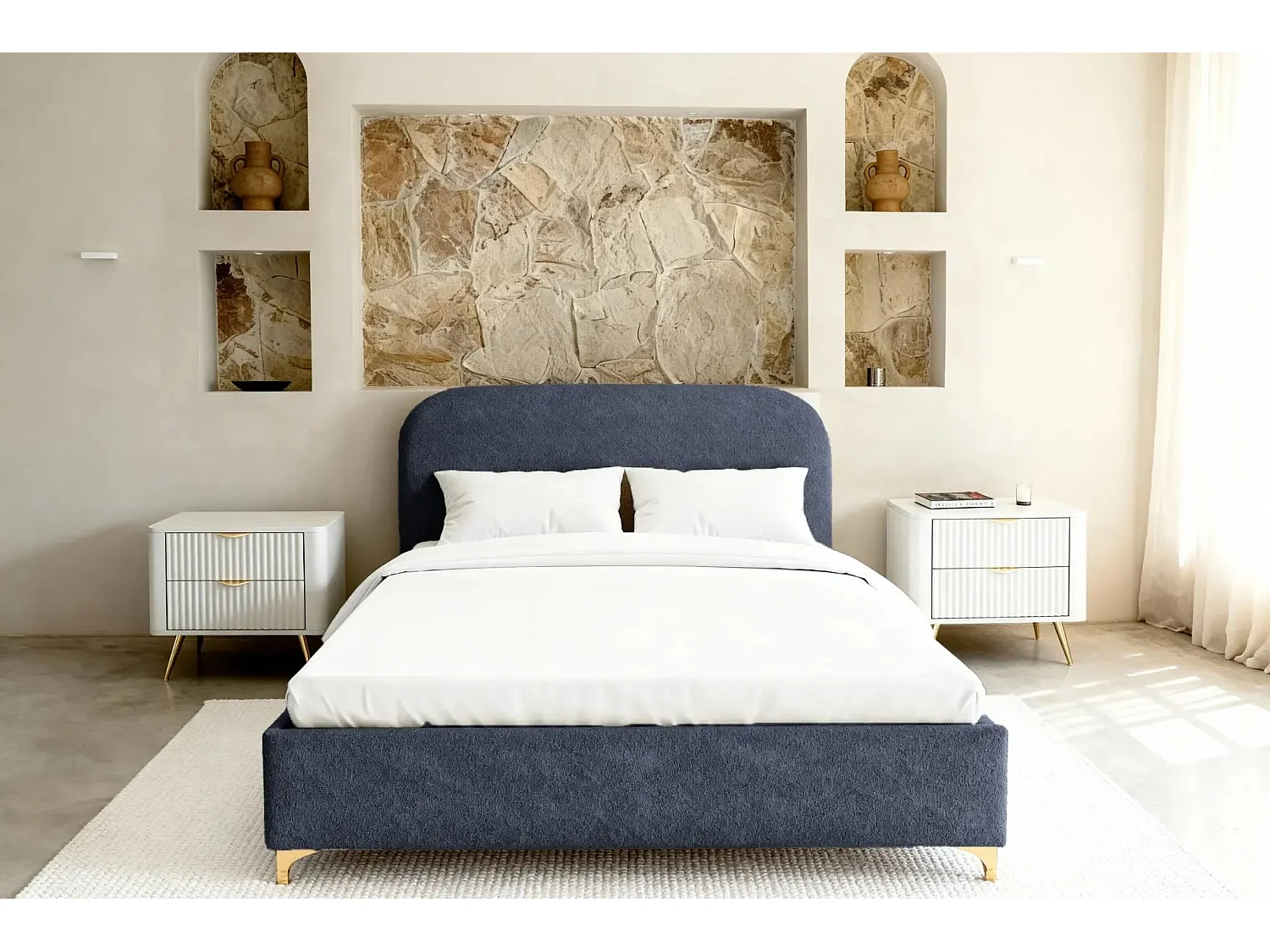 CHARLOTTE - Lit coffre tissu chenille 160x200cm - Bleu