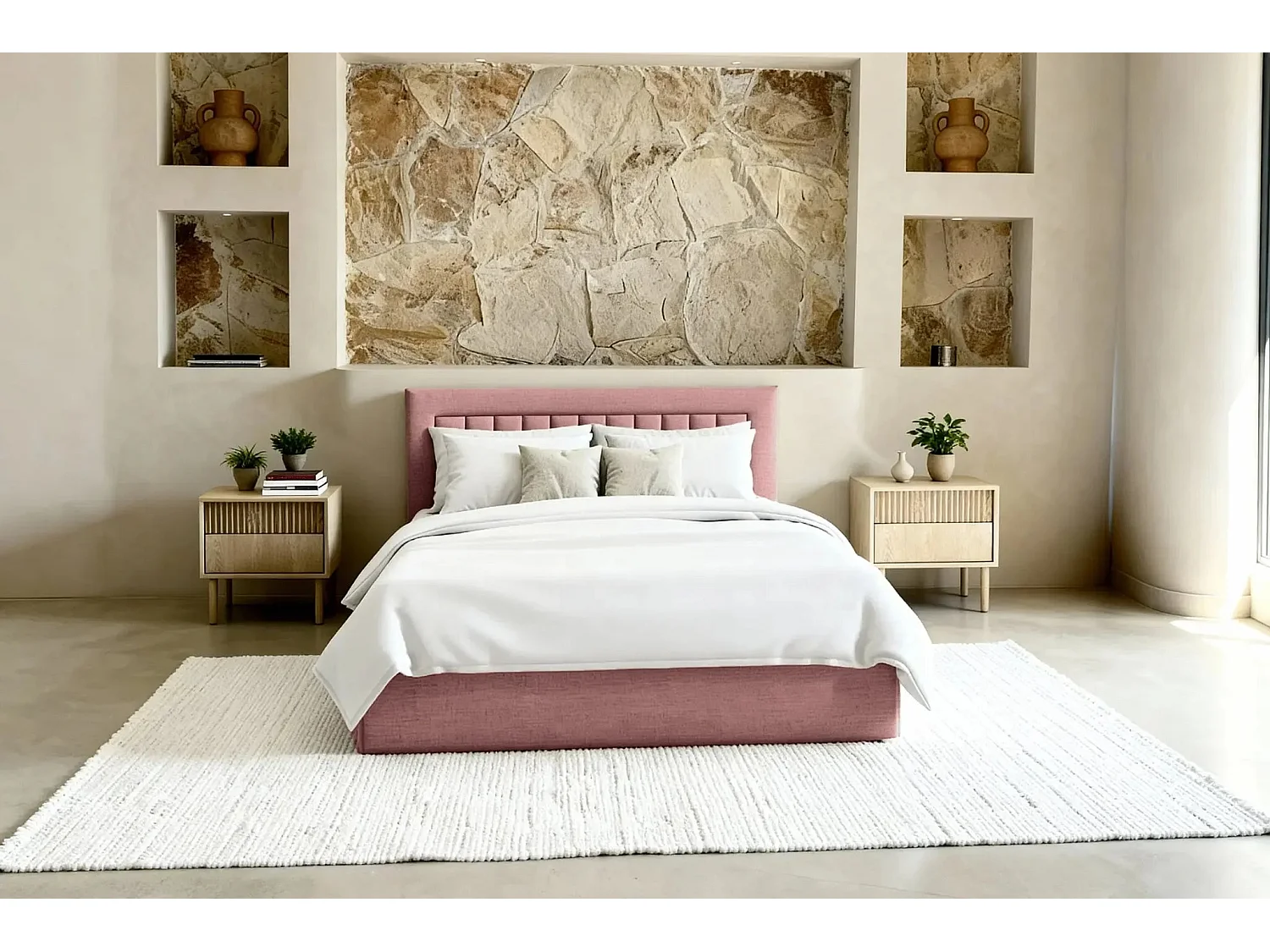 CAMILLE - Lit coffre tissu velours 140x200cm - Rose