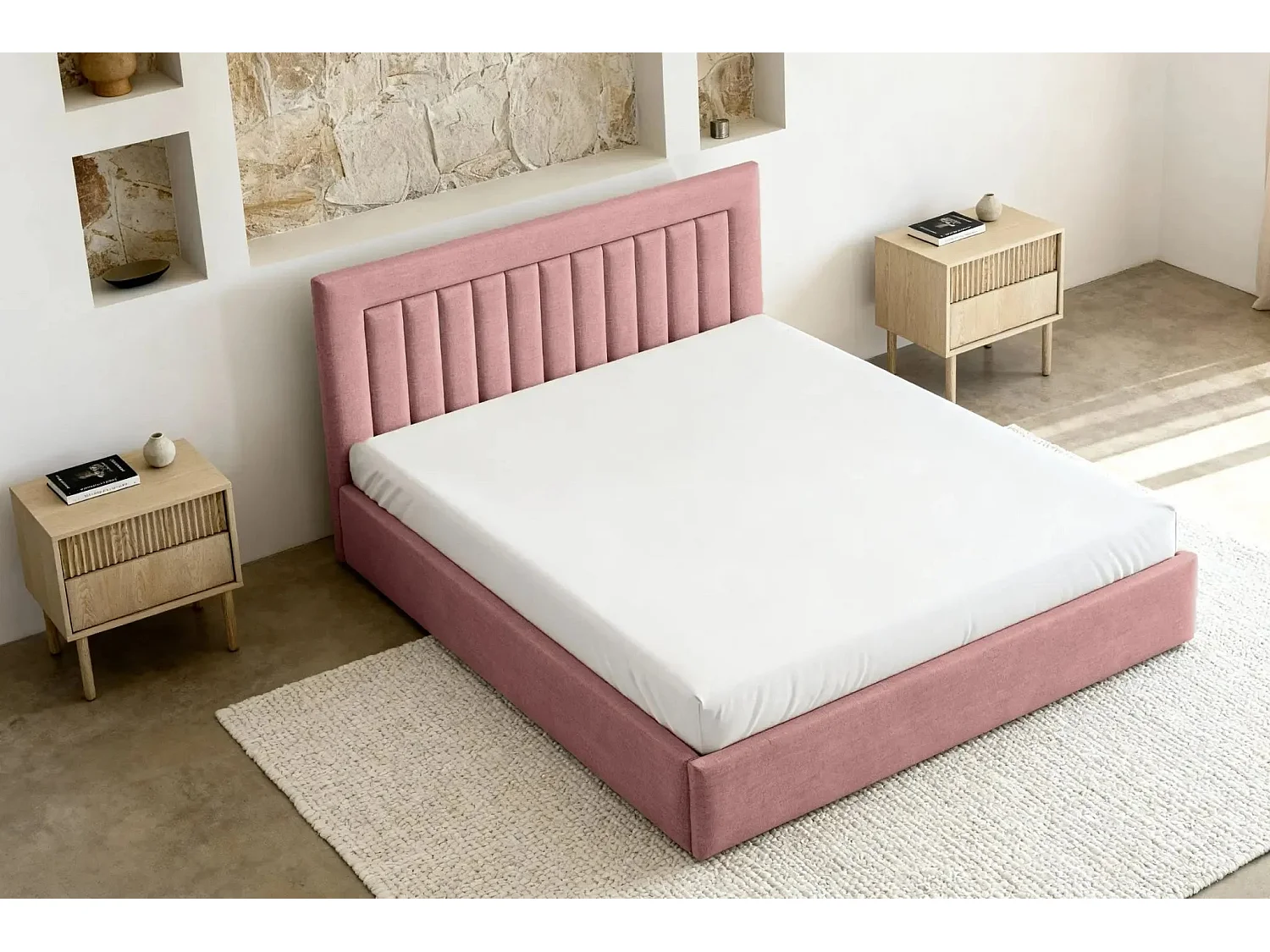 CAMILLE - Lit coffre tissu velours 140x200cm - Rose