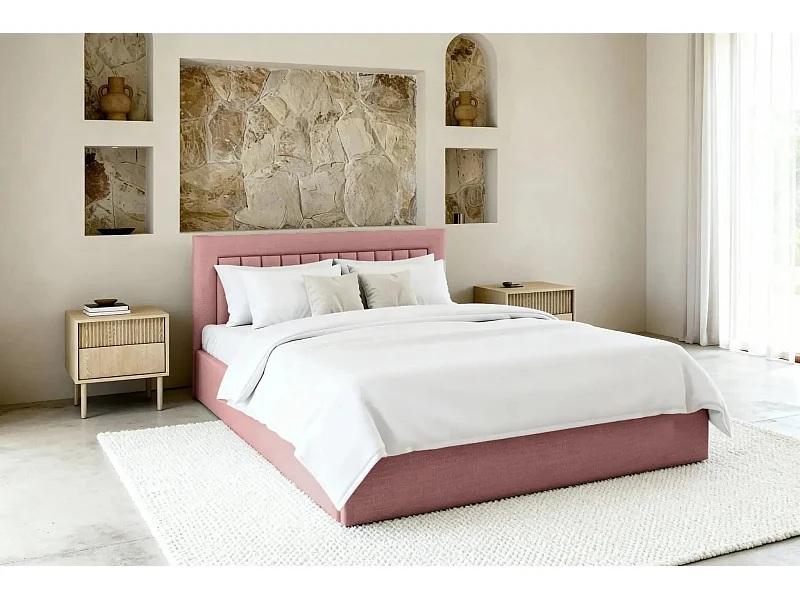 CAMILLE - Lit coffre tissu velours 140x200cm - Rose
