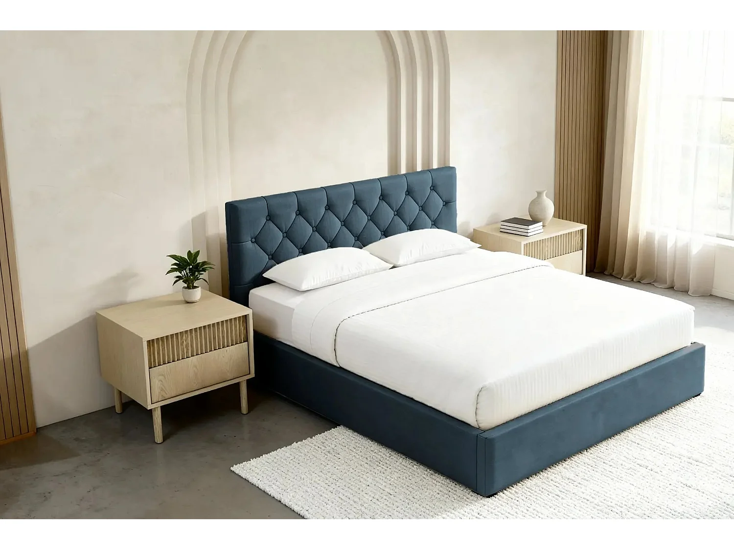 EMILE - Lit coffre tissu velours 180x200cm - Bleu