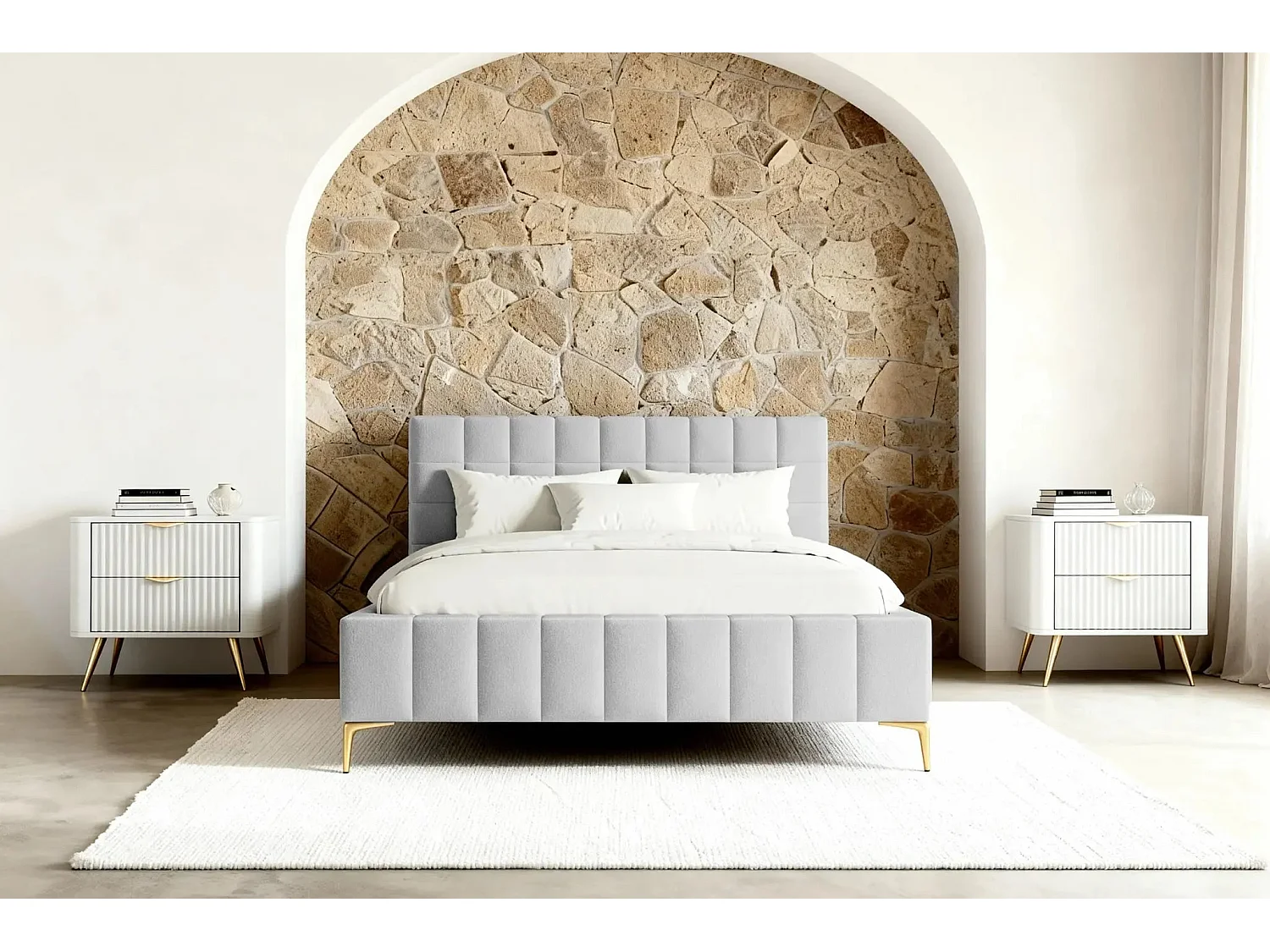 GREGOIRE - Lit coffre tissu chiné 140x200cm - Gris clair