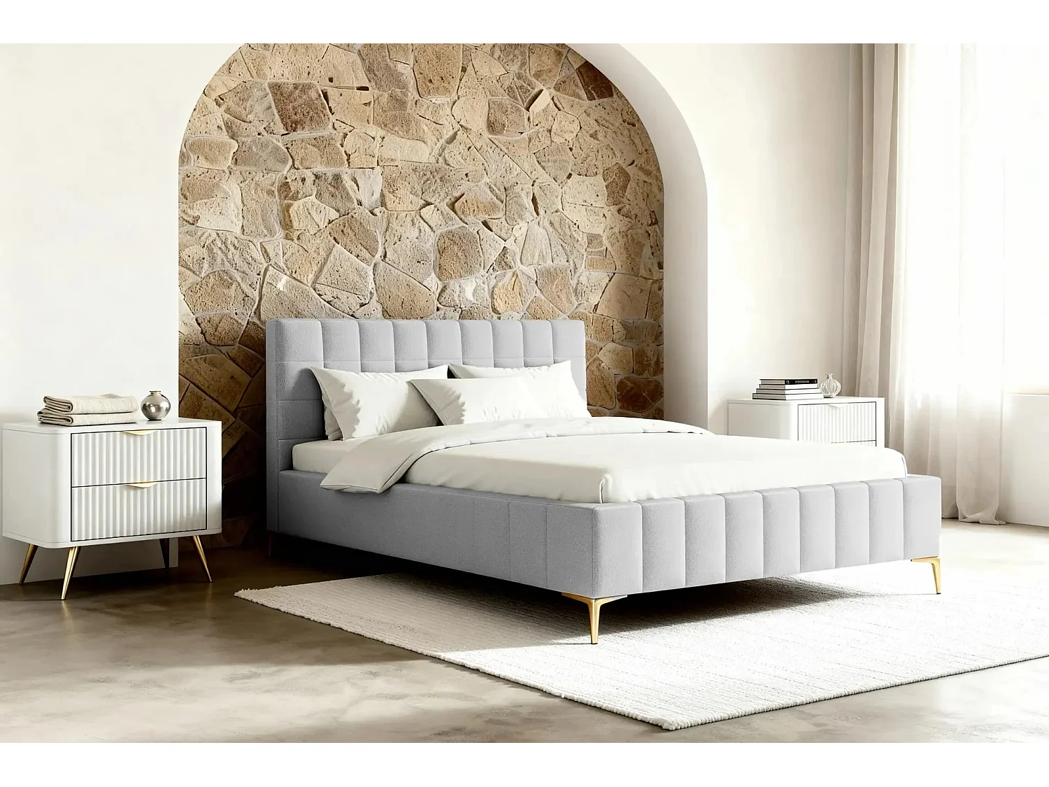 GREGOIRE - Lit coffre tissu chiné 140x200cm - Gris clair