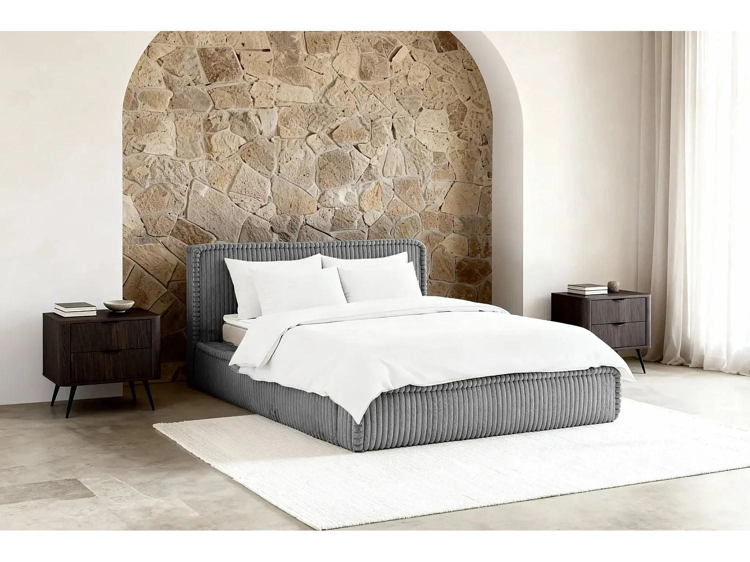 CAPUCINE - Lit coffre velours côtelé 180x200cm - Gris foncé