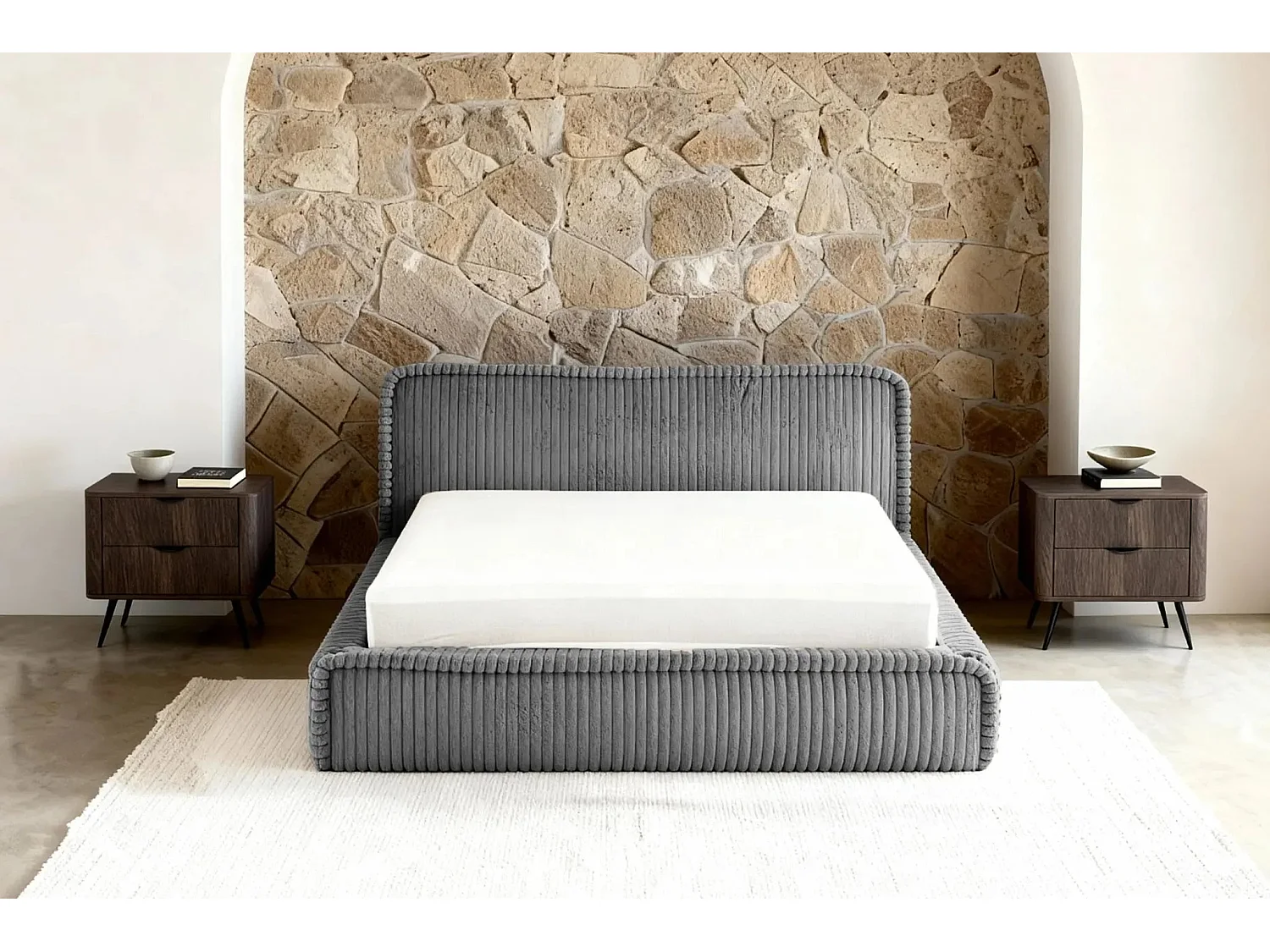 CAPUCINE - Lit coffre velours côtelé 180x200cm - Gris foncé