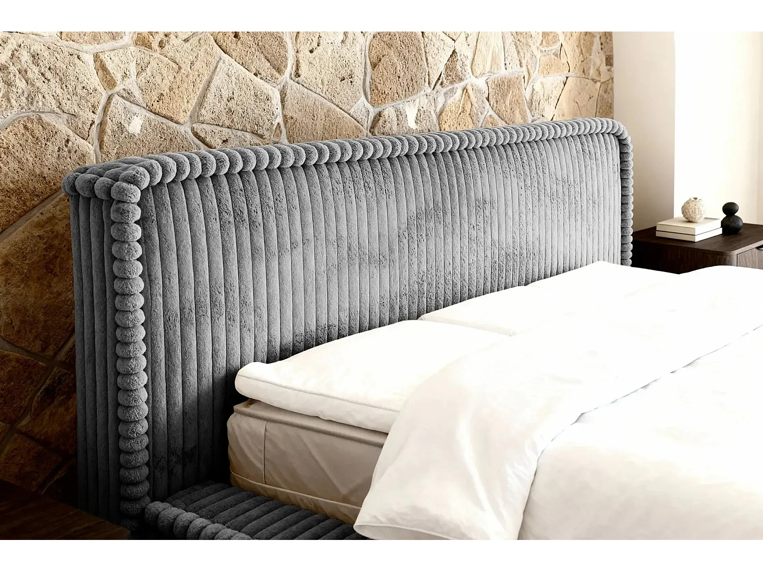 CAPUCINE - Lit coffre velours côtelé 180x200cm - Gris foncé