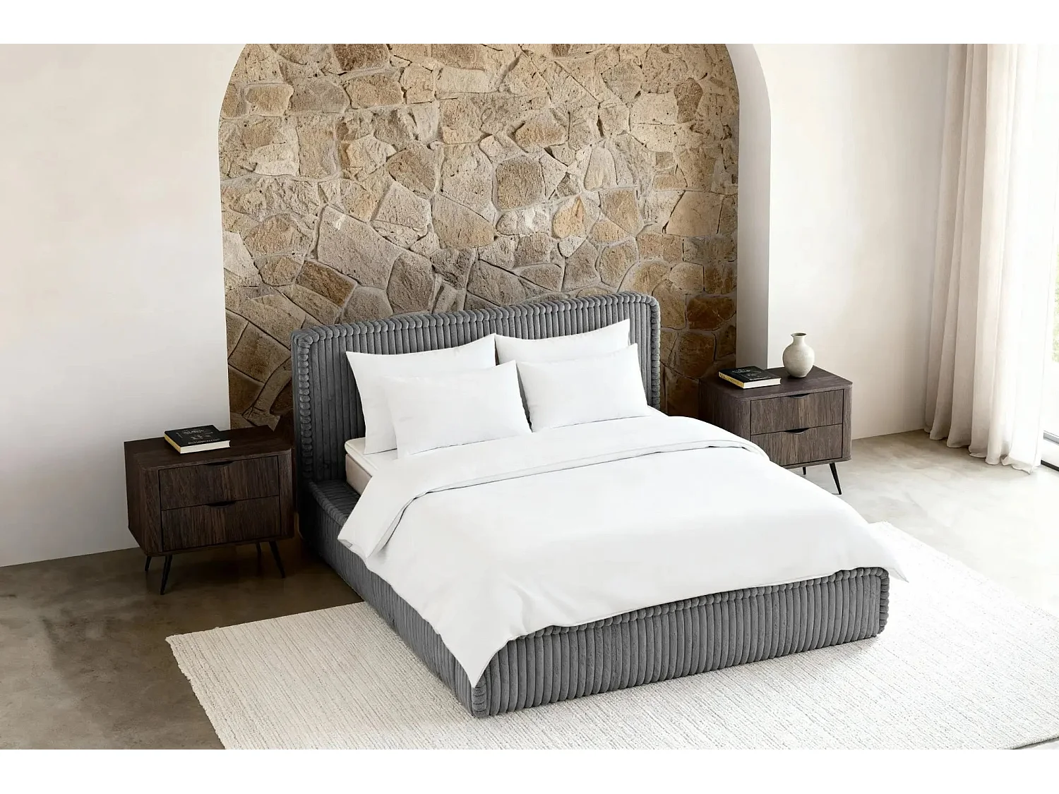 CAPUCINE - Lit coffre velours côtelé 180x200cm - Gris foncé